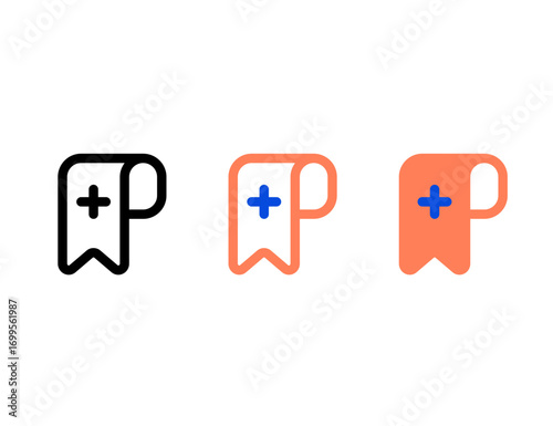 Three stylized ribbon icons with plus symbols in different colors