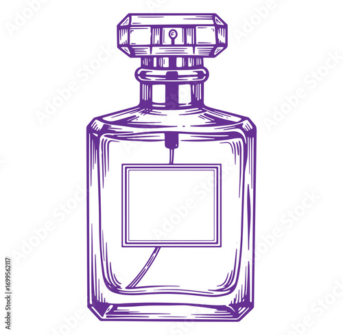 Elegant purple perfume bottle illustration in hand drawn engraved style on white background