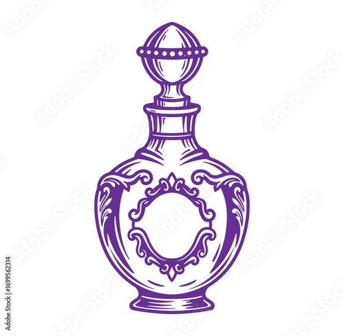 Elegant purple perfume bottle illustration with ornate details and classic decorative elements