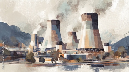 A stylized illustration of industrial cooling towers surrounded by smoke, set against a mountainous backdrop, highlighting an energy production facility.