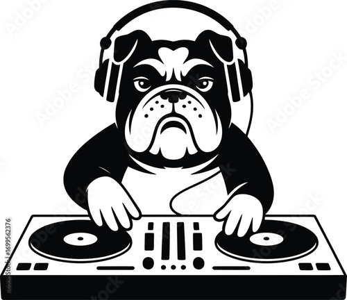 Bulldog dj mixing music with headphones and turntables silhouette