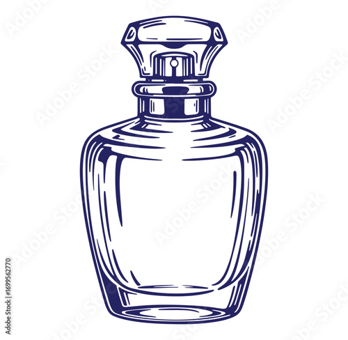 Elegant vector illustration of a detailed perfume bottle in dark blue and white colors