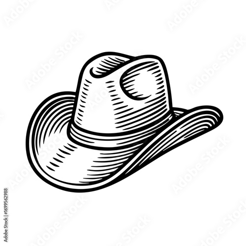 Hand Drawn Engraved Cowboy Hat Vector Illustration in Black and White
