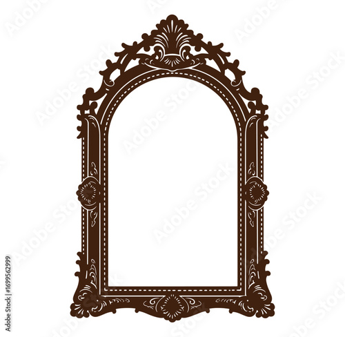 Elegant vintage ornate mirror frame in brown isolated against a clean white background
