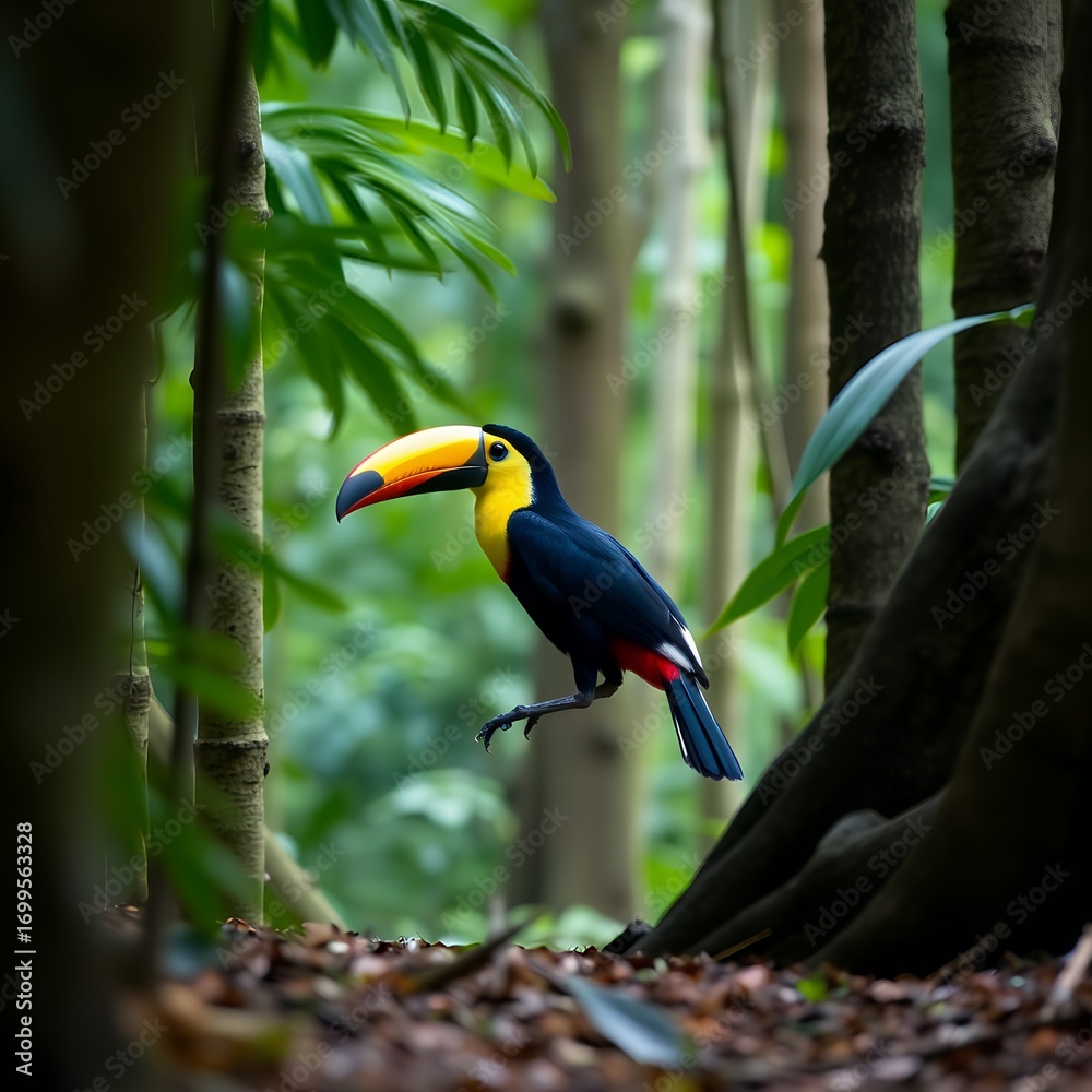 Fototapeta premium A vibrant toucan perches on a branch amidst lush green foliage in a dense forest