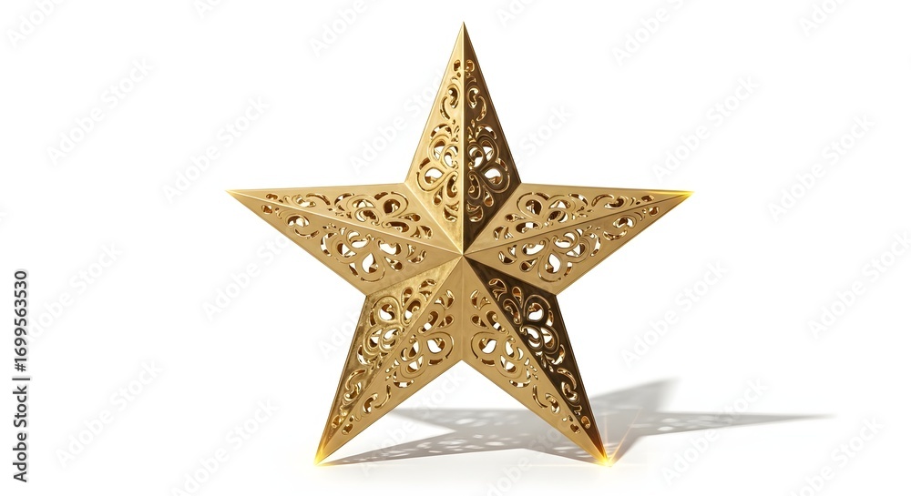 Fototapeta premium A beautifully crafted golden star ornament with an intricate three-dimensional filigree design isolated on a white background