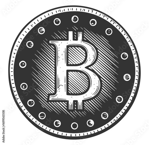 Engraved bitcoin cryptocurrency illustration showing digital currency and finance concept