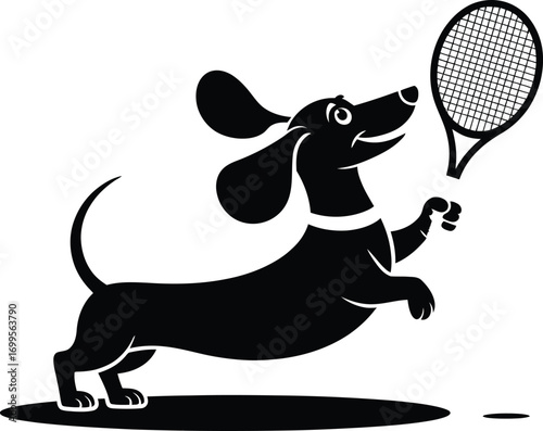 Happy dachshund dog playing tennis silhouette