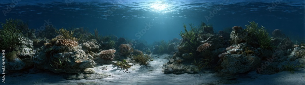Fototapeta premium Underwater coral reef exploration ocean depths hdr panoramic view aquatic environment submerged perspective vibrant marine life