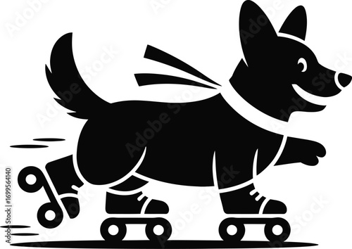 Playful dog enjoying a roller skating adventure with a scarf silhouette