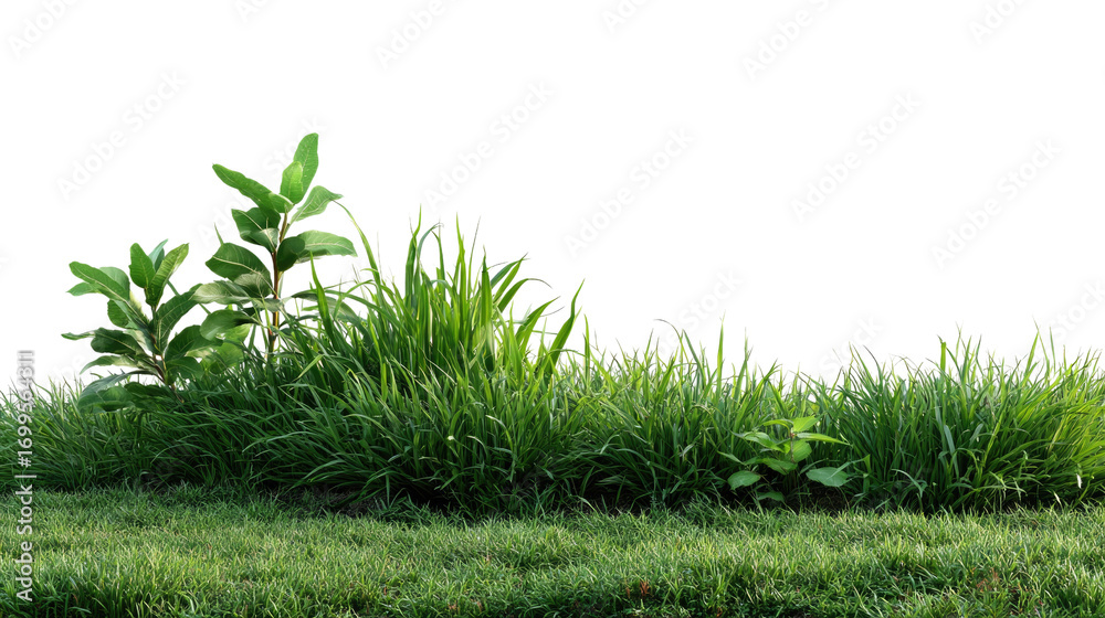 Obraz premium Green Grass and Plant: A vibrant display of lush, green grass, with individual blades of varying heights and textures, flourishes, alongside plants providing a refreshing aesthetic.