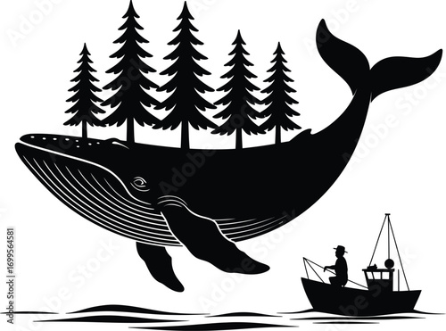 Whimsical flying whale carrying a forest silhouette
