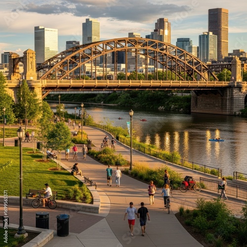 Scenic urban landscape with a bridge and cityscape in the golden hour