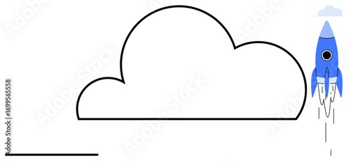 Blue rocket ascending past a large minimalist cloud with upward motion lines. Ideal for innovation, startup growth, technology, creativity, goals, progress, success. Simple flat metaphor