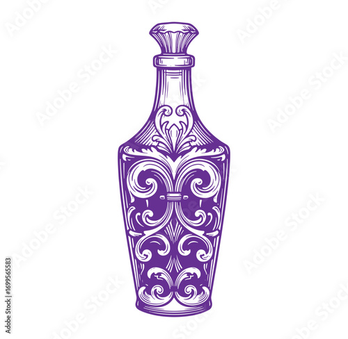 Ornate engraved purple glass bottle illustration with detailed decorative flourishes design