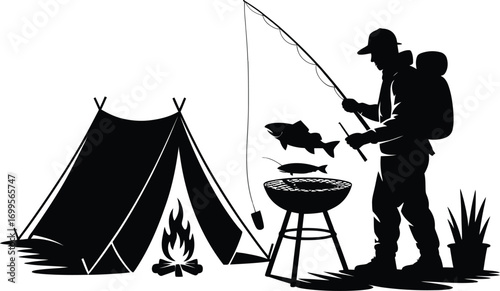 Dynamic large bass fish leaping from water silhouette design