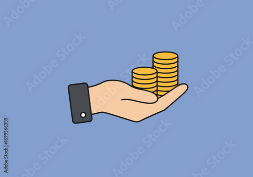 Hand holding stacks of gold coins, symbolizing financial concepts like savings, investment, wealth, prosperity, and financial security. Vector illustration