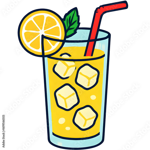 Refreshing glass of cold iced lemonade with a lemon slice garnish and a red straw, a cool summer beverage vector illustration isolated on a white background