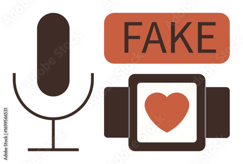 Microphone beside Fake label and framed heart symbolizing misinformation, truth distortion, media ethics, emotional appeal, content verification, trust in media, journalism standards. Simple flat