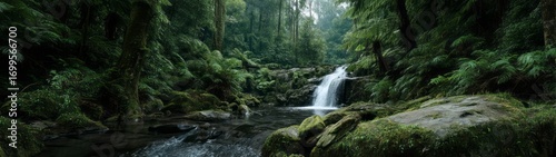Serene waterfall adventure lush forest hdr panoramic view tranquil nature refreshing environment vibrant atmosphere