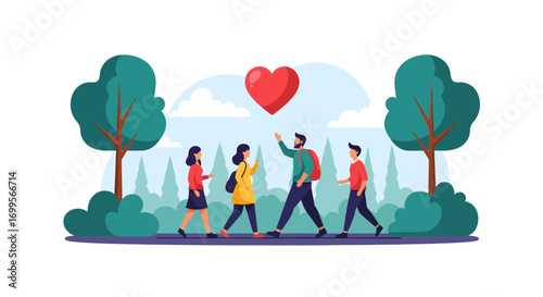 Diverse group of people walking together in a park with a heart symbol above