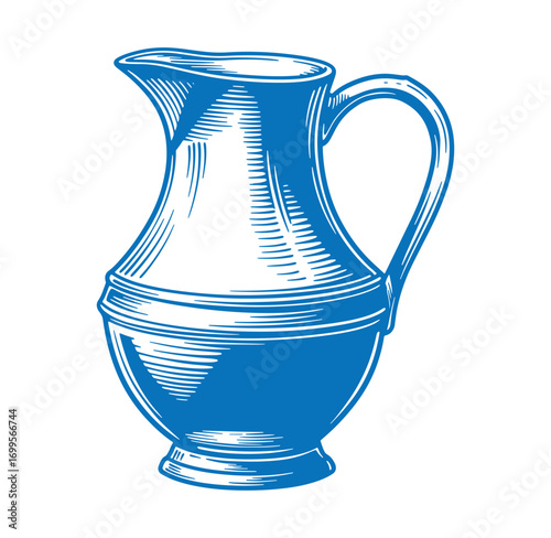 Vintage engraved blue pitcher illustration on white background for decorative and symbolic design