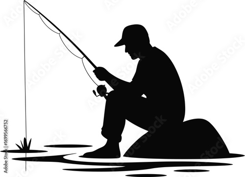 A solitary fisherman enjoys a peaceful moment on a rock silhouette