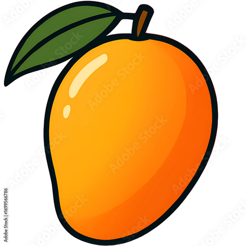 A stylized vector illustration of a whole ripe tropical mango fruit with a leaf. Symbolizes freshness, healthy diet, and exotic summer flavors