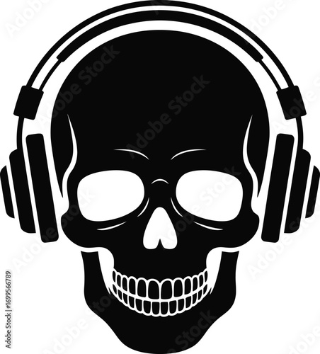 Cool skull wearing headphones listening to music silhouette banner advertisement