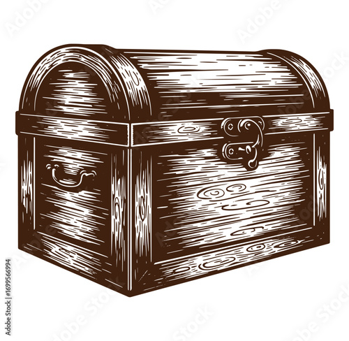 Vintage engraved illustration of a wooden treasure chest isolated on a white background