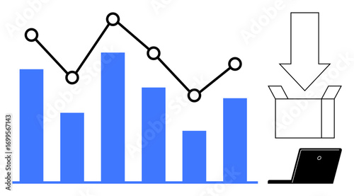 Bar graph and line chart with data points, downward arrow pointing to open box, and laptop. Ideal for data management, analysis, export, technology, business planning and statistics. A simple flat