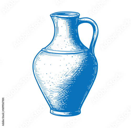 Vintage illustration of a blue ceramic pitcher with handle and spout isolated