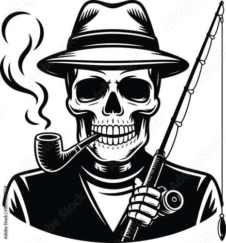 Skeleton smoker holding a fishing rod silhouette design