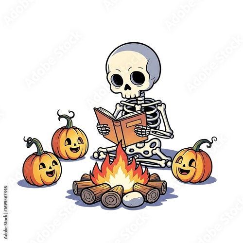 Cute Skeleton Reading Bedtime Stories to Glowing Pumpkins by Campfire – Cozy Halloween Cartoon Vector Illustration