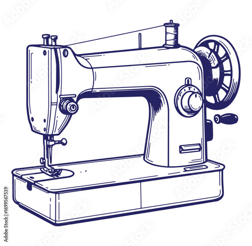 Vintage outline illustration of a classic sewing machine on a pure white background