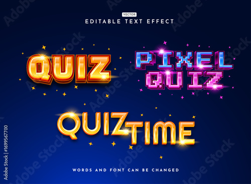 Editable Text Effect Collection Set — Glossy and Playful Quiz Style with Pixel Quiz Typography in Gold, Blue, and Violet Colors for Fun Game and Creative Design