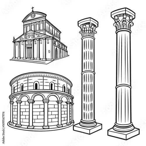Architectural Line Art: A series of meticulously detailed line drawings showcase iconic architectural elements, capturing the grandeur and elegance of classic structures and ornamental pillars. 