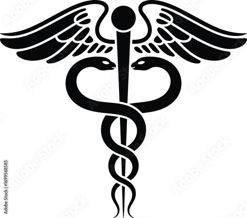 Caduceus medical symbol with two snakes and wings, healthcare illustration, medicine logo, hospital emblem, pharmacy icon, doctor design vector