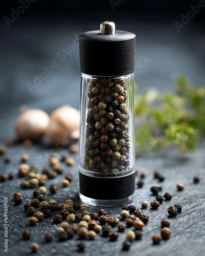 Pepper Grinder with Mixed Peppercorns on Dark Kitchen Background for Culinary and Cooking Concepts