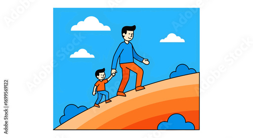 Father and son climbing a hill together, symbolizing guidance, support, and shared journey