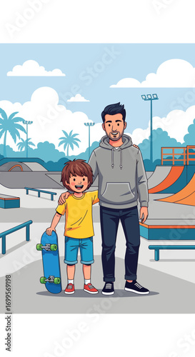 Father and Son Enjoying Skateboarding Together at a Sunny Outdoor Skate Park