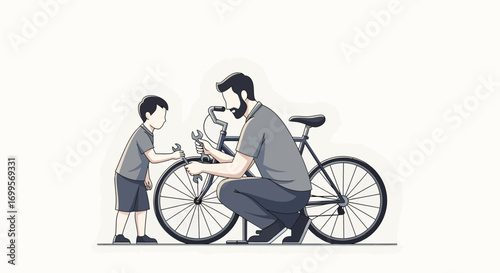 Father and son repairing a bicycle together, teaching skills and bonding outdoors