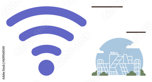 Wireless connectivity symbol next to a modern shopping mall building. Ideal for digital access, retail technology, urban life, free internet, communication, commerce, sleek design as a simple flat
