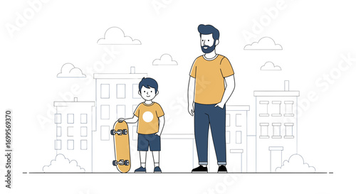 Father and son with skateboard enjoying city life and outdoor activities together