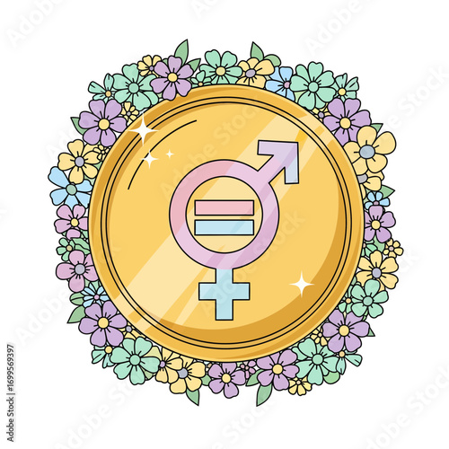 Feminist Gender Equality Symbol with Flowers and Sparkles on a Golden Coin