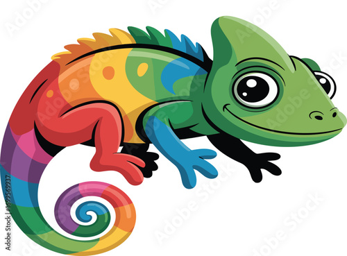 Colorful cartoon chameleon with rainbow body, cute reptile vector illustration, exotic lizard design for kids, nature, wildlife, tropical animal art