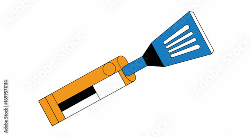 Vibrant graphic illustration of a modern, portable flashlight with orange casing and a blue head, depicting illumination and guidance, a handy tool for various activities