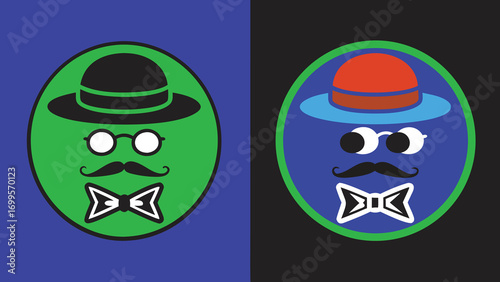 Title: Gentleman face illustration with hat glasses mustache and bow tie 
