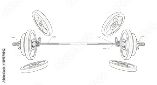Technical line art illustration showing the assembly components of a weightlifting barbell in an exploded view format on a white background