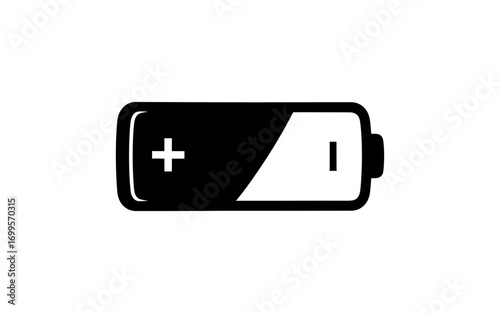 Illustration of a battery with plus and minus signs indicating polarity and charge level on a white background